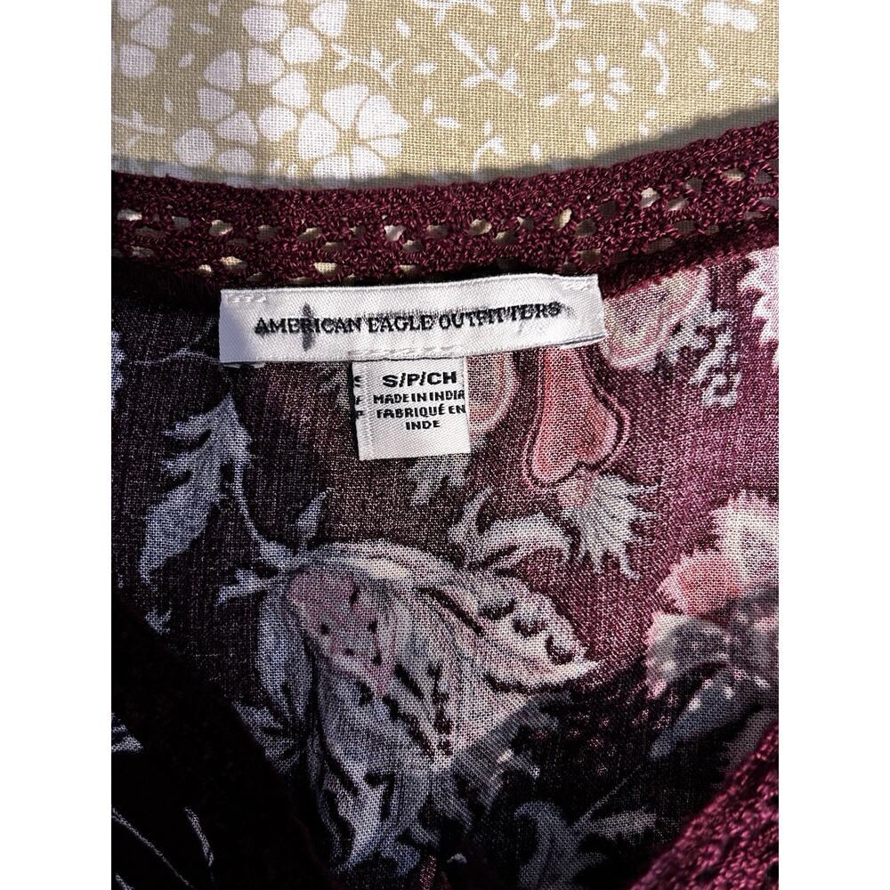 American Eagle Boho Floral Peasant Dress Small Burgundy Long Sleeve Crochet Neck - Picture 5 of 6